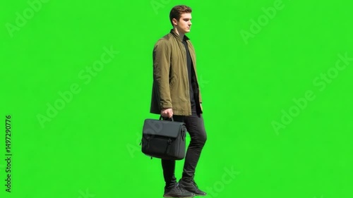 The Commuter: A stylish individual strides purposefully, clutching a briefcase against a vibrant green backdrop. Depicting modern urban life.