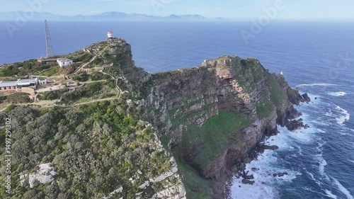 Cape Point Lighthouse In Cape Town Western Cape South Africa. Aerial View Of A Bustling Ligthhouse In A Coast City. Shore Sky Clouds Beach Sea. Shore Beach Tropical Environment.