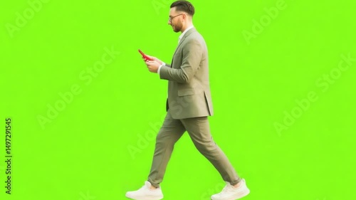 Dynamic Professional Engaged: A modern man dressed in smart casual attire strides purposefully across the screen, fully immersed in his digital device.