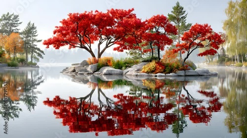 autumn reflection of red trees on tranquil lake serene lake with red autumn trees, serene lake with red autumn trees, serene lake with red autumn trees and reflections 