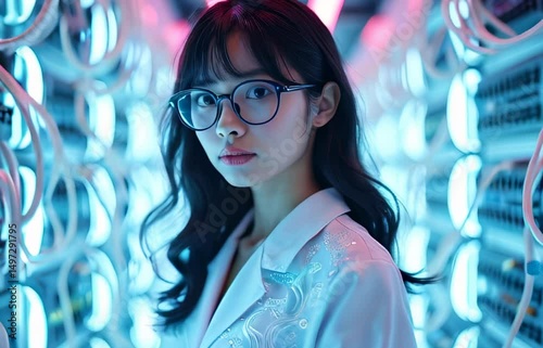 Modern portrait. Neon lights. Asian woman. Black hair. Glasses wear. White jacket. Studio shot. Futuristic setting. Technology background. Digital environment. Creative advertising. Corporate profile