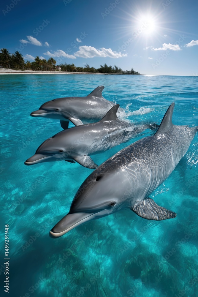 Naklejka premium Dolphins swimming in tropical turquoise water near coastline