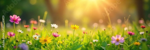 Vibrant wildflowers in a lush green meadow bathed in the warm glow of spring sunlight  Perfect for nature, springtime, and floral themes  ,  sun,  season,  bloom