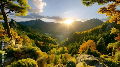 sunrise over forested mountain range in autumn sunrise over autumn mountainscape, sunrise over autumn mountainscape, sunrise over autumn mountainscape with forest valley