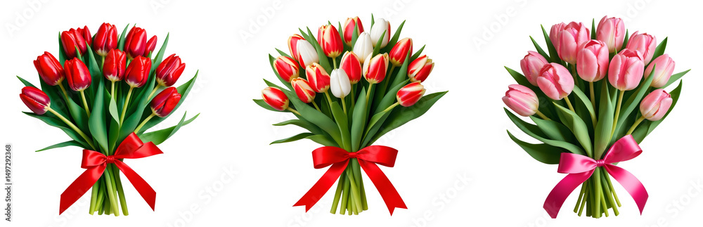 Fototapeta premium Collection of various tulip bouquets with ribbon isolated on transparent background