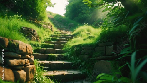 An array of weathered, mossy stone stairs rises through rich vegetation. These aged steps, framed by dense plant life, provide a picturesque and natural setting. photo