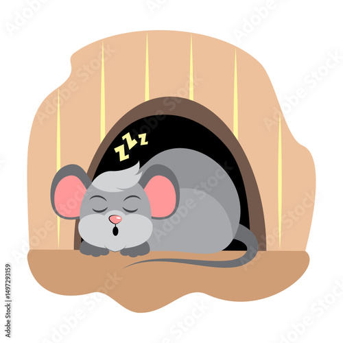 Cute mouse lying and sleeping. Adorable funny animal character. Cartoon vector illustration isolated on white background.