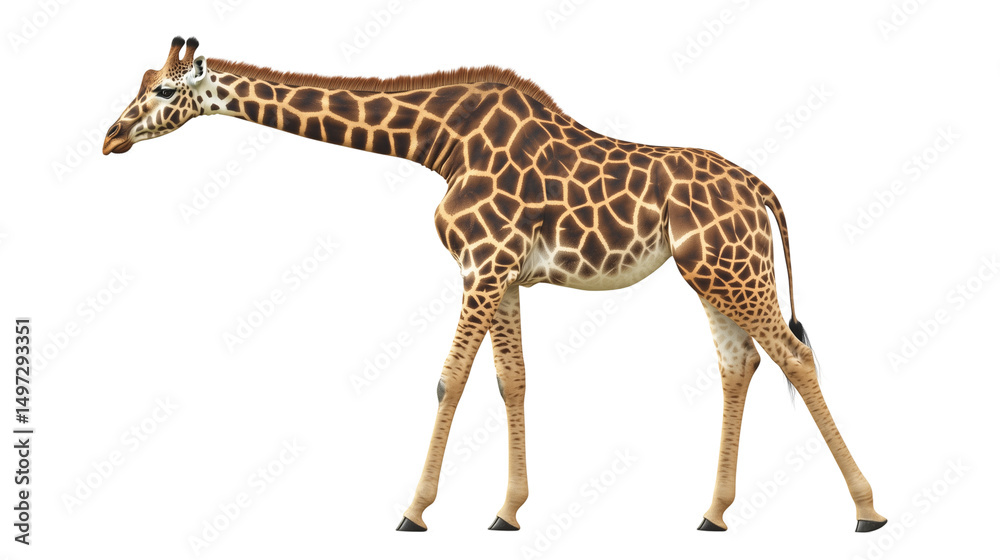 Fototapeta premium Standing giraffe, long neck and spotted wildlife, giraffe height standing giant, giraffe majesty high neck wildlife, long neck king giraffe, on a transparent backgrounds