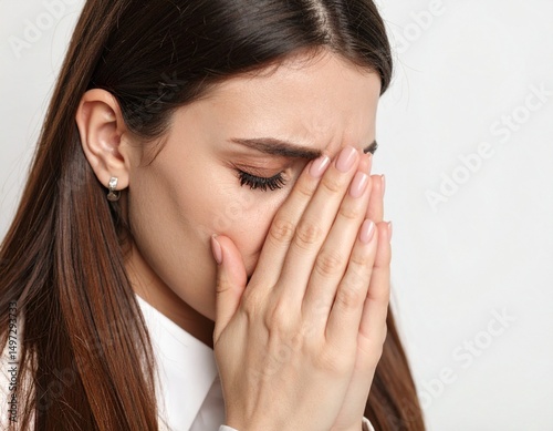 Close-up portrait of a crying woman with tear on white background