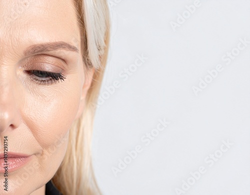 Close-up portrait of a crying woman with tear on white background