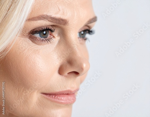 Close-up portrait of a crying woman with tear on white background