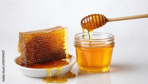 Golden liquid honey in a glass jar sits on a wooden surface near a honeycomb and dipper, showcasing its natural sweetness