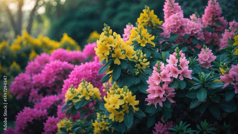 Obraz premium Azalea Bush in the Arboretum with Yellow and Pink Blooms
