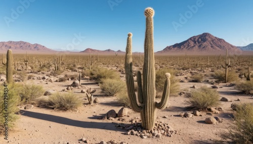 Dry desert landscape, showing a single cactus under a wide sky near rocky mountains