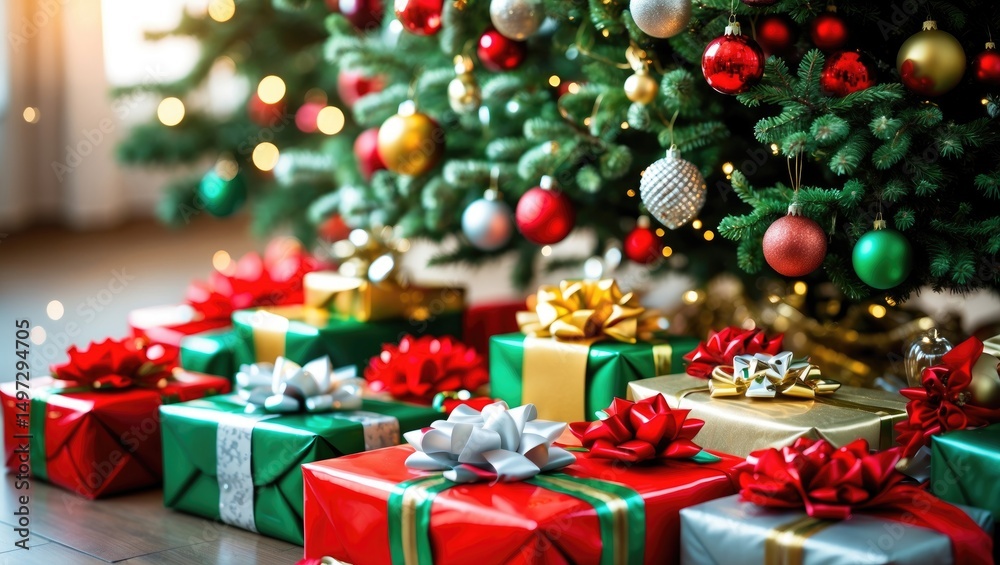Gifts beneath a tree, sharply focused Gifts beneath a tree, sharply focused