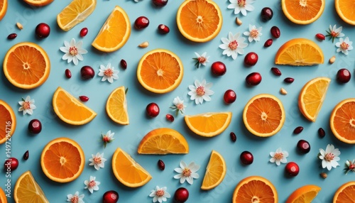 Bright Orange Slices and Assorted Berries Arranged on Blue Background with small flowers.