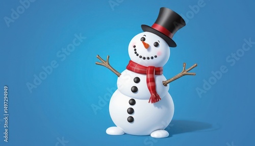 A cute 3D snowman with a red scarf and hat celebrates the winter season on a snowy white background