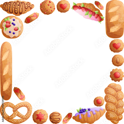 A set with delicious pastries in the shape of a frame on a white background. The concept of a pastry shop, bakery, and cooking. Vector illustrations for posters, banners, flyers and covers