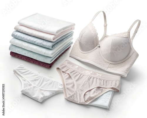 Folded Women’s Underwear Sets on White Background, 8K Clean Laundry Stock Photo