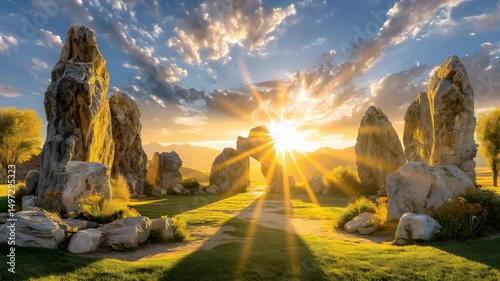 sunrise light through sacred stone gate sunlight through sacred stones, sunlight through sacred stones, sunlight through sacred stones in mountain landscape ancient ritual formation at equinox