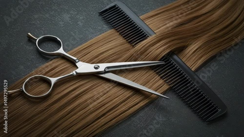 Hairdressing salon tools, scissors and comb on brown hair extension. Concept for beauty, fashion and personal care.
