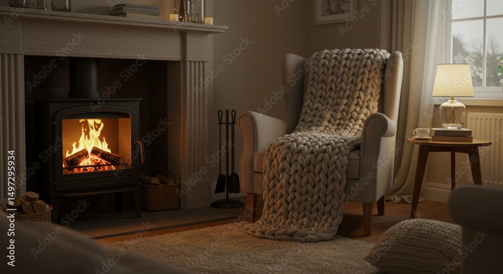 Fototapeta premium Cozy room with fireplace, soft lighting, chair, and blanket evoking comfort