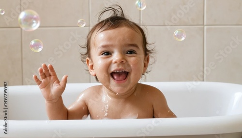 A smiling small child enjoys bath time fun, happily washing her face with soap in the bubbly water of the bathroom bathtub