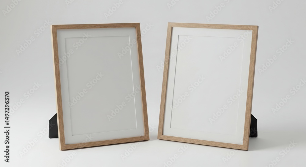 Fototapeta premium Two standing picture frames with light wood finish for displaying memories and art