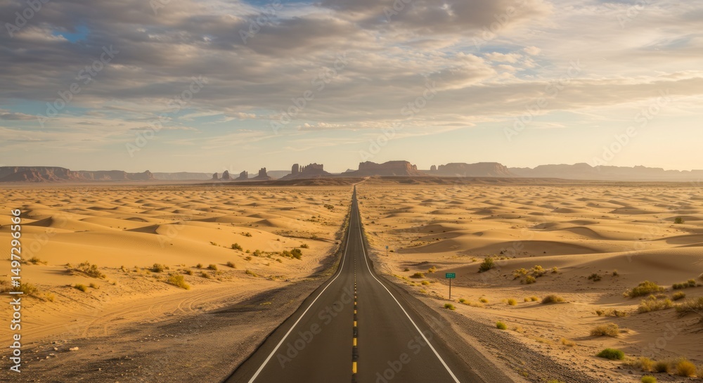 Fototapeta premium Desert road stretches toward distant mesas under a cloudy sky at golden hour