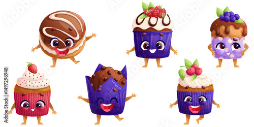 A set of cute smiling cupcake and muffin characters. The concept of a children's party, bakery. Isolated vector illustration for the design of postcards, invitations, posters, banners