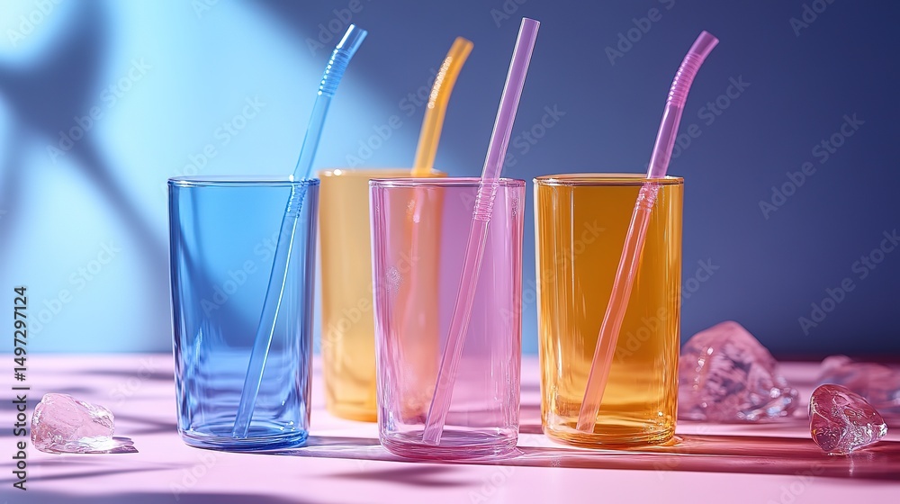Vibrant Glasses with Straws and Ice on a Stylish Gradient Backdrop Design Vibrant Glasses with Straws and Ice on a Stylish Gradient Backdrop Design