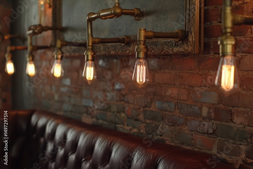 Wallpaper Mural Vintage cafe interior with Edison bulbs and leather sofa - cozy ambiance with rustic brick wall details. Torontodigital.ca
