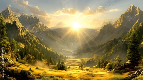 golden sunrise over epic mountain valley sunrise mountain valley, sunrise mountain valley, sunrise mountain valley with golden light inspirational landscape for nature escape