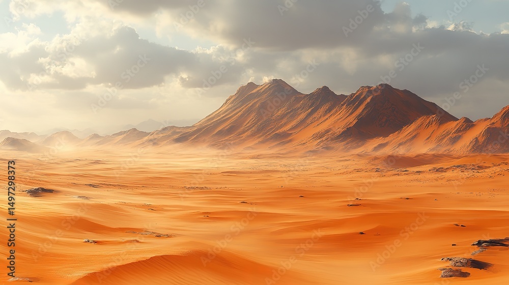 Fototapeta premium Vibrant ochre sand dunes meeting distant mountains under diffused sunlight