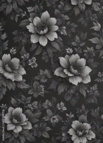 Subtle charcoal floral wallpaper, small-scale design  , fabric, vintage, dark