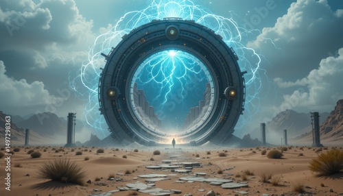 A large portal with a circular light shining in the center, set in a desert under a cloudy sky, a mysterious large portal
