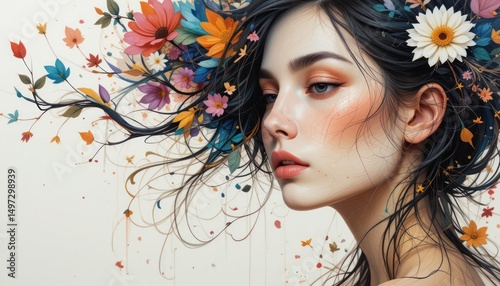 Woman with her beauty, flowers and spring in her hairstyle