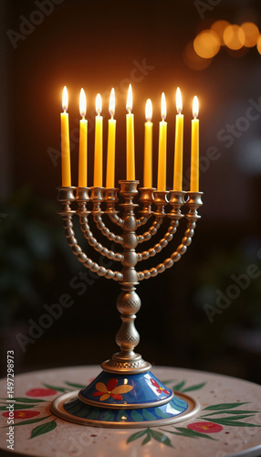 Lit menorah with yellow candles, for Hanukkah celebration