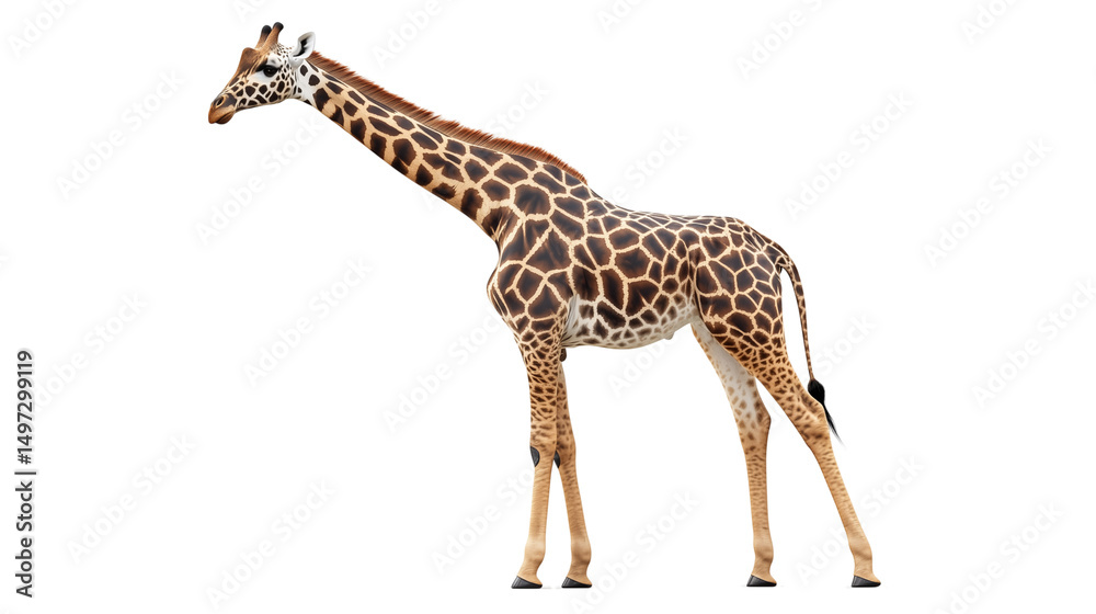 Fototapeta premium Graceful Giraffe in Profile: A towering giraffe, with its distinctive patterned coat and long neck, stands tall in a serene pose, showcasing the elegance and majesty of the African savanna.