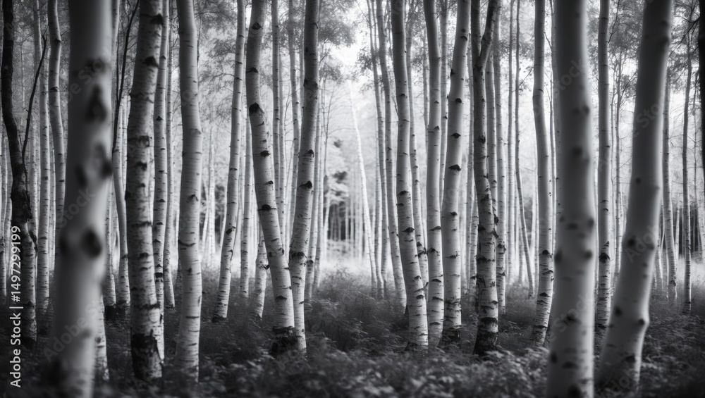 Fototapeta premium Birch tree trunks against a black and white setting