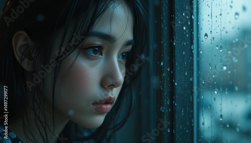 A model with black hair and striking black eyes shows off her beauty up close, looking out the window during a rainy day.