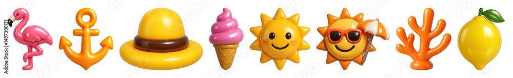 Fototapeta premium PNG Colorful summer-themed emojis, element set on transparent background
