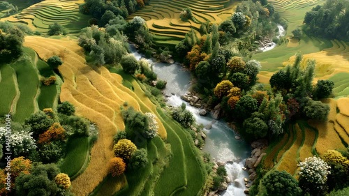 vibrant aerial view of harvest rice terraces aerial rice terraces and river, aerial rice terraces and river, aerial rice terraces and river in autumn season colorful forest and river in rural mountain