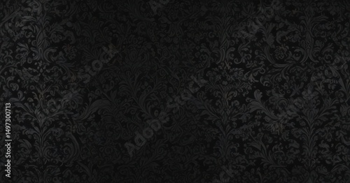 Intricate black gothic damask pattern on dark background, repeating, damask pattern