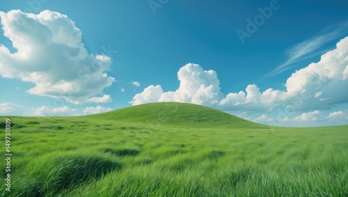 Fototapeta Naklejka Na Ścianę i Meble -  Blue sky and clouds above a grassy hill landscape wallpaper