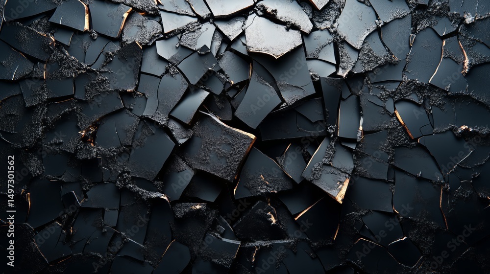 Fototapeta premium close-up view of cracked, dry surface, with deep fissures and a dark, textured surface. The stark contrast and intricate patterns highlight the harshness and beauty of natural landscapes.
