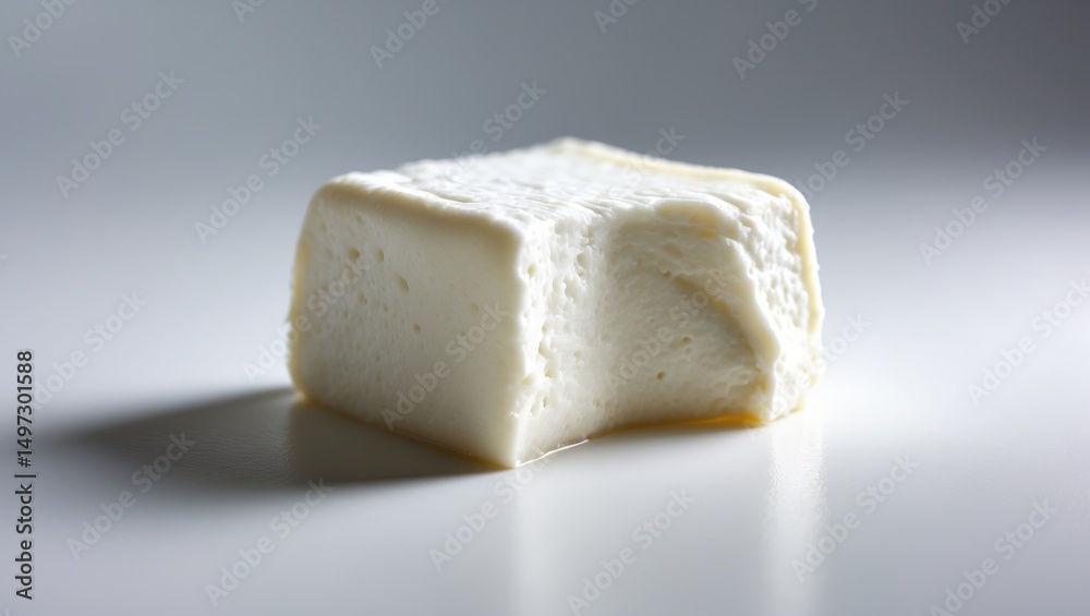 A piece of ricotta cheese set on a white surface A piece of ricotta cheese set on a white surface