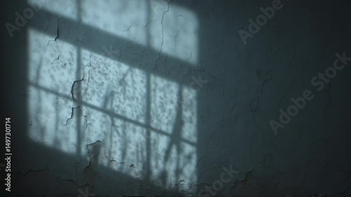 4K Seamless loop of rainy window shadow on cracked blue wall, cinematic atmosphere for true crime visuals, thriller documentaries, suspense intros, and dark storytelling motion design backgrounds