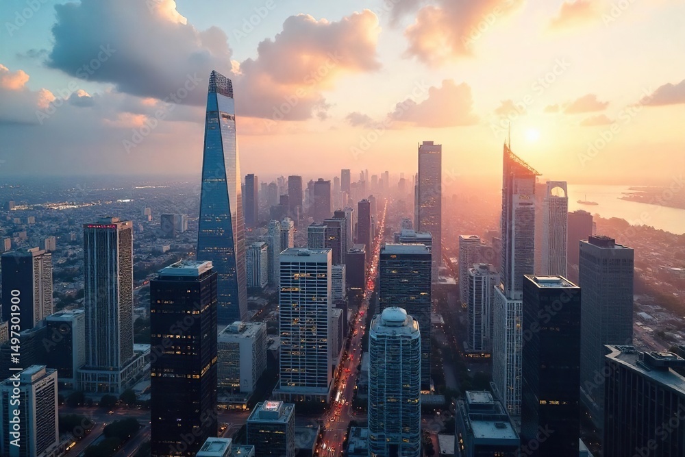 Fototapeta premium Sleek modern skyscrapers dominate the city skyline, reflecting sunlight in a breathtaking urban panorama Perfect for corporate, real estate, and architectural projects , investment, steel