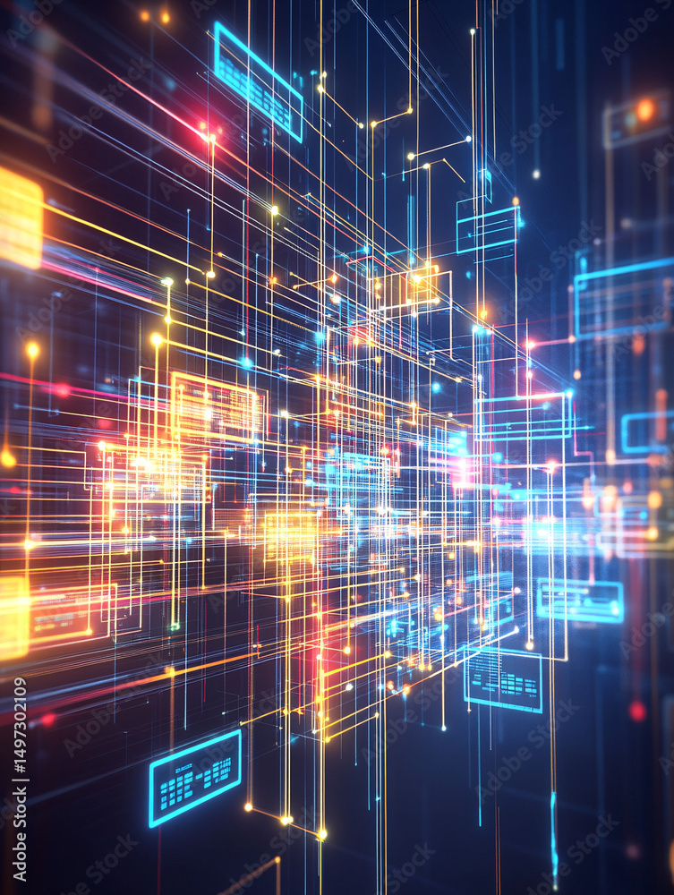 Obraz premium Digital Network: Capturing the complex interconnectivity of a digital network, with glowing lines of data, showcasing the depth and breadth of technological innovation. 